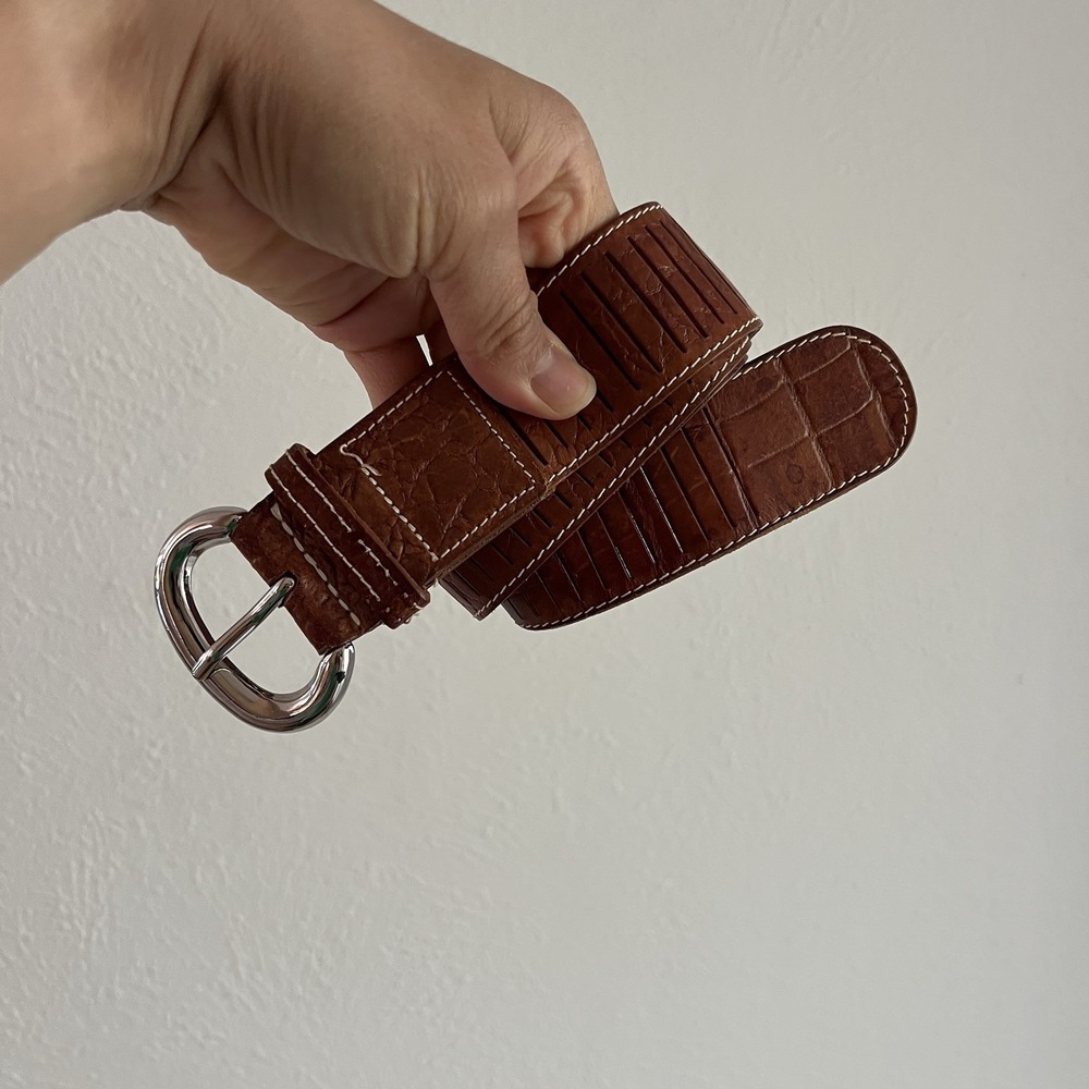 Vtg 90s Ann Taylor Brown‎ Leather Croc Embossed Belt Silver Buckle Size Small